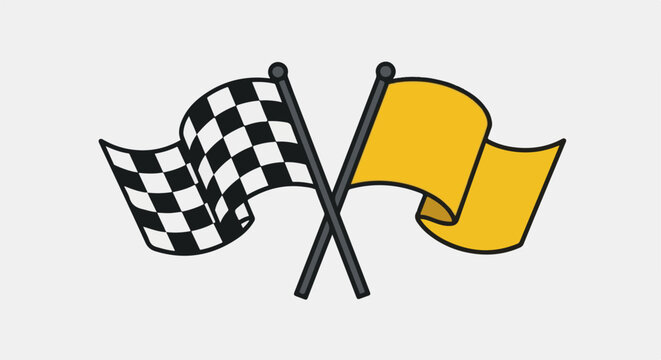 Crossed checkered and yellow racing flags flutter against a light background
