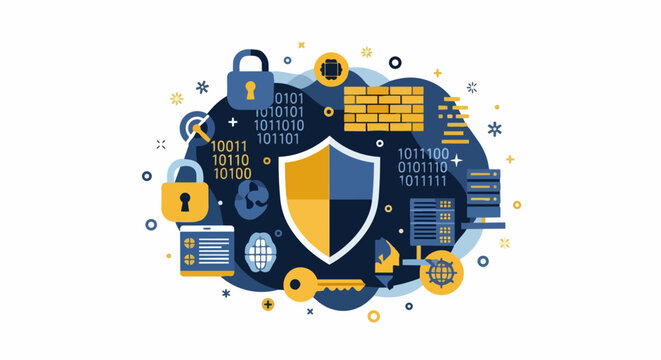 Cybersecurity Concept Illustration with Shield, Padlocks, and Binary Code for Digital Data Protection and Network Safety