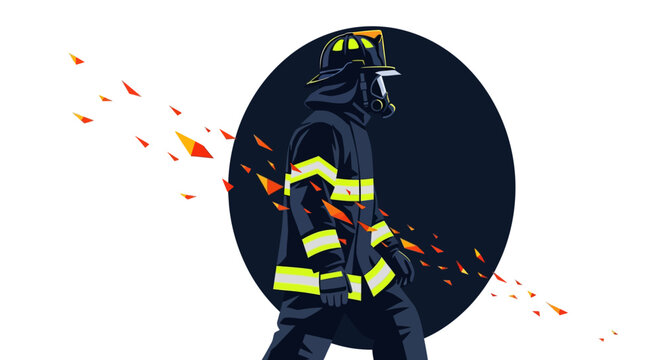 Firefighter in protective gear walking through flames illustration