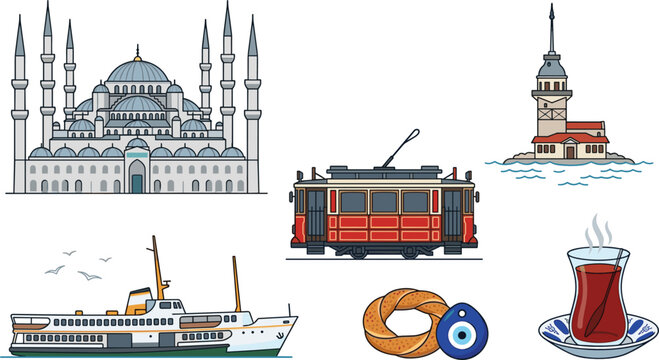 Istanbul Turkey Culture Vector Set Featuring Blue Mosque Maidens Tower Red Tram Bosphorus Ferry Evil Eye Simit and Turkish Tea Elements