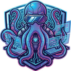 Cyberpunk Octopus: Futuristic mecha kraken octopus hacker with screens logo © Sourav