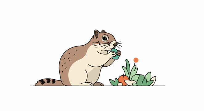 Cute cartoon chipmunk eats a green berry next to plants