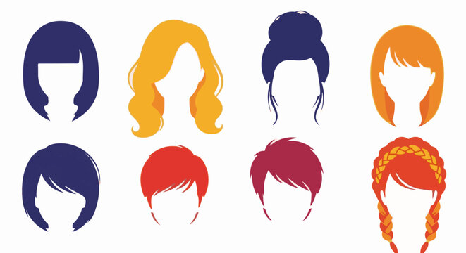 Diverse collection of colorful stylized female hairstyles on a white background