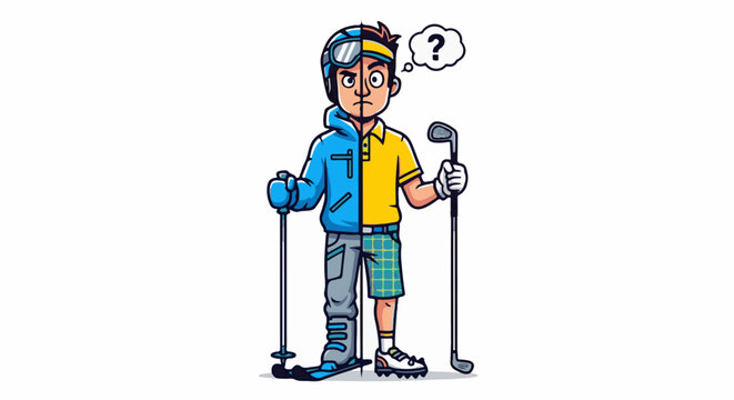 Cartoon person half dressed for skiing, half for golf, looking confused