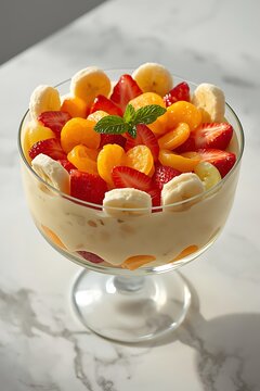 Fresh fruit salad in a bowl with strawberries, berries, yogurt, and cream for a healthy and delicious breakfast dessert snack