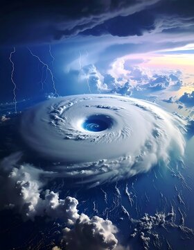 Massive Rotating Hurricane Eye Beneath Dark Storm Clouds Over Ocean