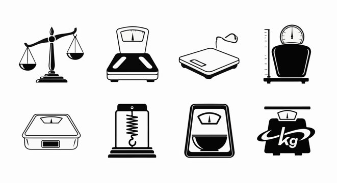 Collection of eight different scale icons, from balance to digital