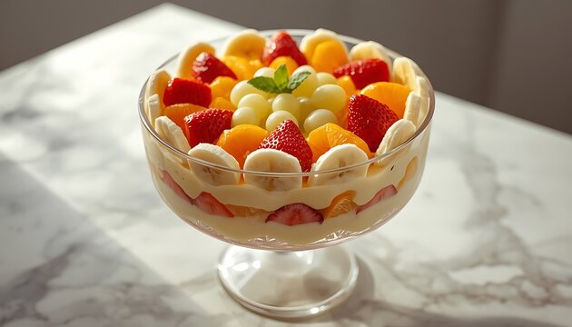 Fresh fruit salad in a bowl with strawberries, berries, yogurt, and cream for a healthy and delicious breakfast dessert snack