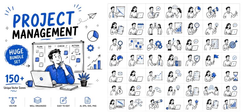Project management doodle icon bundle, huge set of 150 business character illustrations, hand drawn office workflow and strategy sketches
