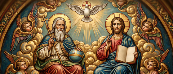 Obraz premium Holy Trinity illustration depicting God the Father and Jesus Christ with a dove representing the Holy Spirit. Banner with copy space