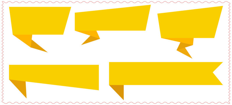 Set of five vibrant yellow origami style speech bubbles and ribbons with folded accents isolated on transparent background creating a graphic design element Vector