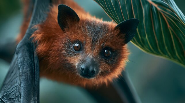 Flying fox bat hanging in tropical foliage