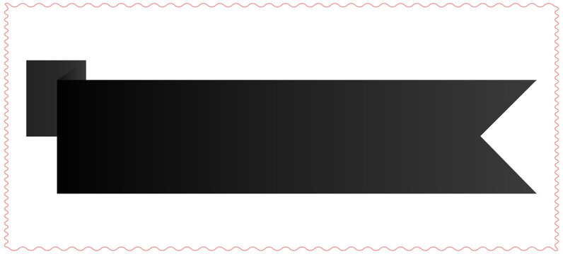 Vector graphic representation of a black ribbon banner with a pointed tail and a folded tab detail isolated on a white background with decorative border Vector