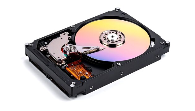 A disassembled hard drive with exposed internal components