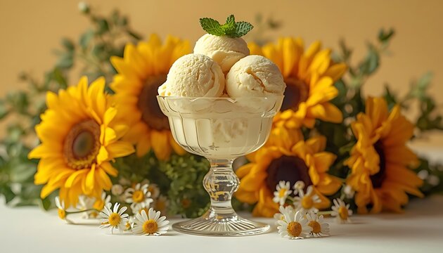 Mint ice cream sundae served in a glass cup with fresh mint leaves