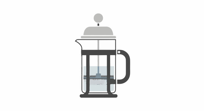 Flat design illustration of a glass french press coffee maker with plunger