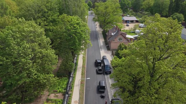 Aerial view of tree-lined street with parked vehicles and residential houses in a serene suburban neighborhood