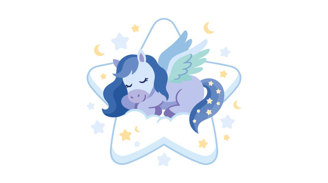 Cute sleeping winged unicorn on cloud with stars, nursery decor illustration