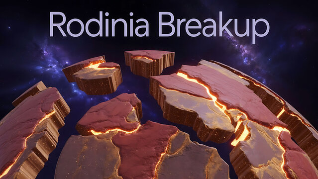 Rodinia supercontinent breaking apart in space with glowing lava cracks and stars in the background  geological concept