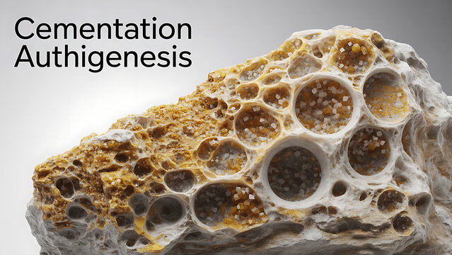 Closeup of a porous rock formation with circular cavities and crystalline structures throughout its surface on a gradient background