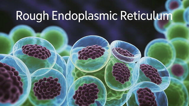Rough endoplasmic reticulum with ribosomes inside transparent vesicles against dark purple background  cellular structure