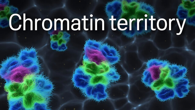 Chromatin territory microscopic view of cell nuclei with colorful chromatin structures on dark background
