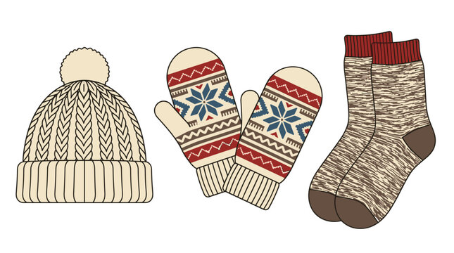 Winter knitted hat mittens and socks set with snowflake pattern