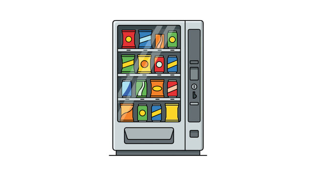 Vending machine filled with colorful snacks and drinks on a white background