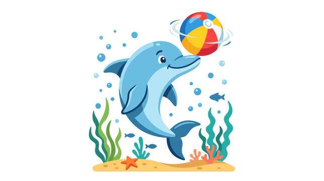 Happy dolphin playing with beach ball underwater, cartoon style