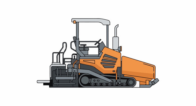 Flat illustration of an orange asphalt paver machine on a white background