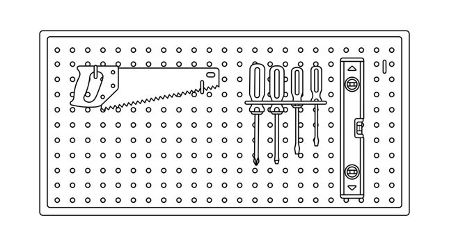 Workshop tools organized on a pegboard including a saw screwdrivers and a level