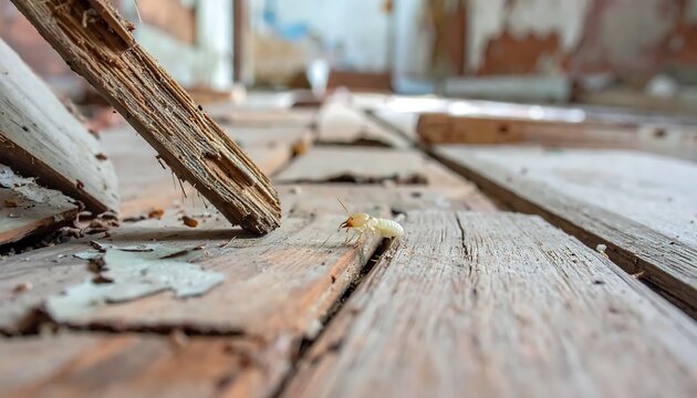 Decayed Wooden Floorboard with Insect Larva in Dilapidated Interior Room