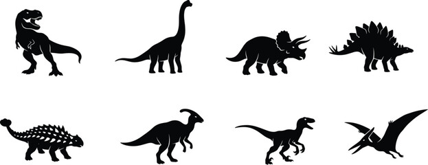 Dinosaur Silhouette Collection Featuring Tyrannosaurus Sauropod Triceratops Stegosaurus Ankylosaurus Raptor and Pterosaur Vector Set © Sarjina