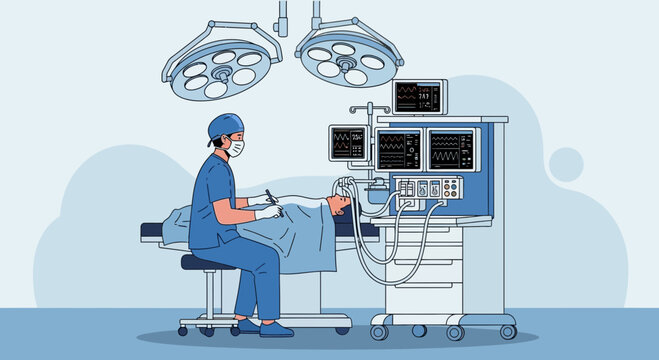 Anesthesiologist Monitors Patient During Surgery with Advanced Medical Equipment