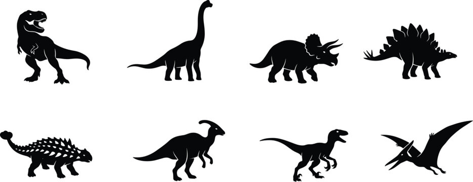 Dinosaur Silhouette Collection Featuring Tyrannosaurus Sauropod Triceratops Stegosaurus Ankylosaurus Raptor and Pterosaur Vector Set