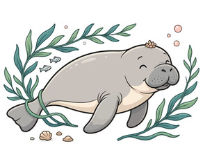 Obraz premium Happy manatee swimming among seaweed underwater ocean scene vector illustration character.