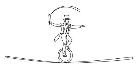 Continuous one line drawing of a circus performer riding a unicycle on a tightrope © Nebaron