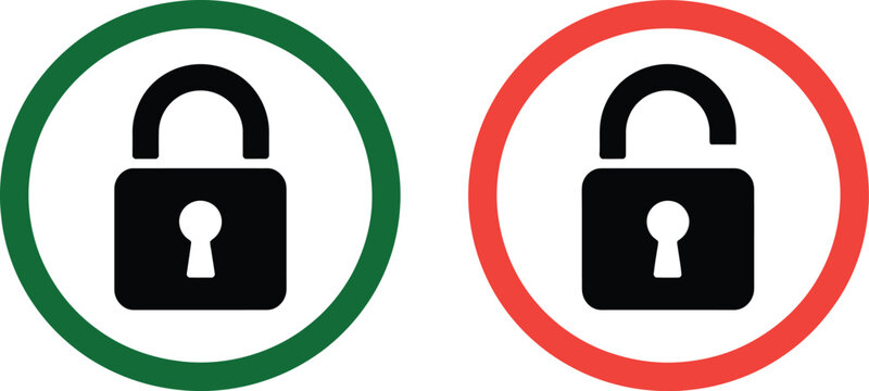 Locked, and unlocked padlock icons, green and red circular symbols representing security privacy protection access control and data safety status indicators.