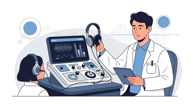 Audiologist performs hearing test on patient with audiometer and headphones, medical examination