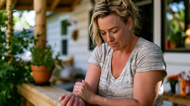 Woman with lupus applying sunscreen to her forearms before stepping out of a modest home onto a sunny porch, her careful daily routine communicated with domestic intimacy and the quiet specificity o