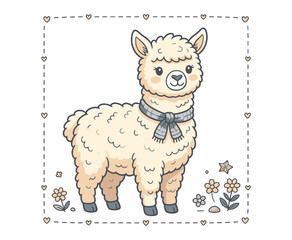 Fototapeta premium Cute fluffy llama wearing scarf standing in meadow with flowers and heart border.