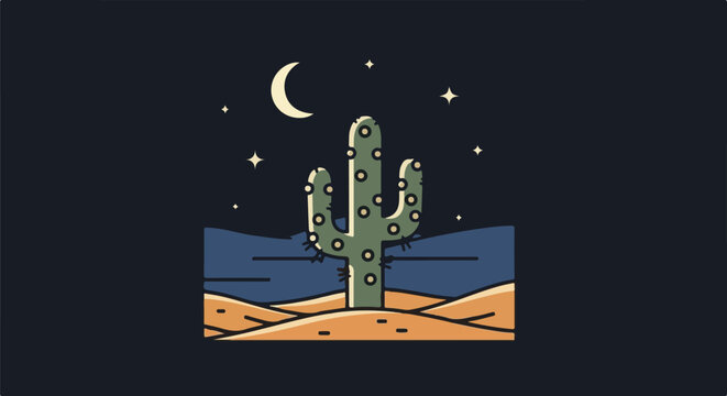 Desert cactus under a crescent moon and stars at night