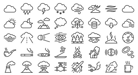 Fototapeta premium Set of thin line icons related to weather, smoke, and steam