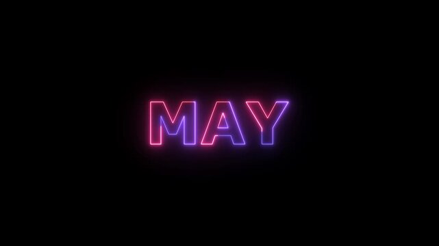 The word MAY rendered in vibrant neon glowing letters with a gradient of pink and purple hues, emitting a soft light against a stark black background, creating a modern and stylish representation