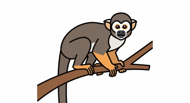 Cute cartoon squirrel monkey perched on a tree branch