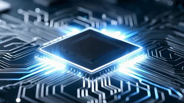 Futuristic microchip on circuit board with glowing data lines and blue technology