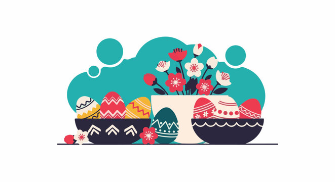 Festive Easter scene with colorful decorated eggs and blooming flowers