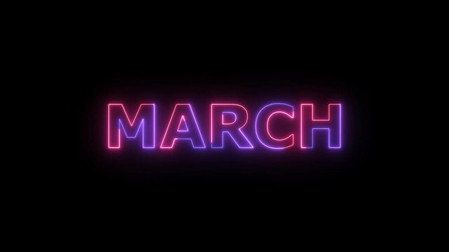 Neon Text Sign For The Month MARCH Illuminated In Vivid Pink And Purple Light Against A Deep Black Void With A Gentle Aura