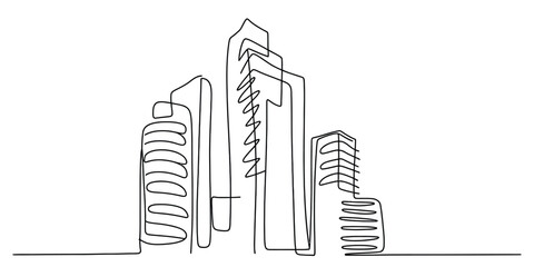 Obraz premium Continuous single line drawing of a modern city skyline with skyscrapers and office buildings