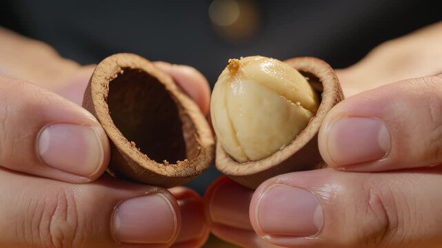 Persons hands opening a macadamia nut on dark background